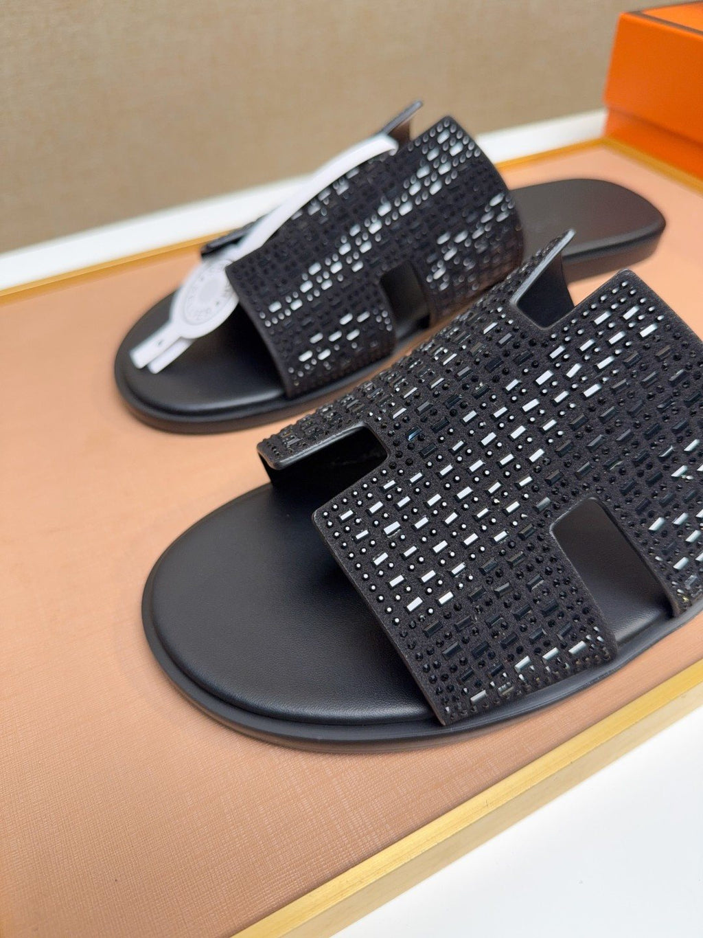 Hermès Black Textured H Slide Sandals — detail