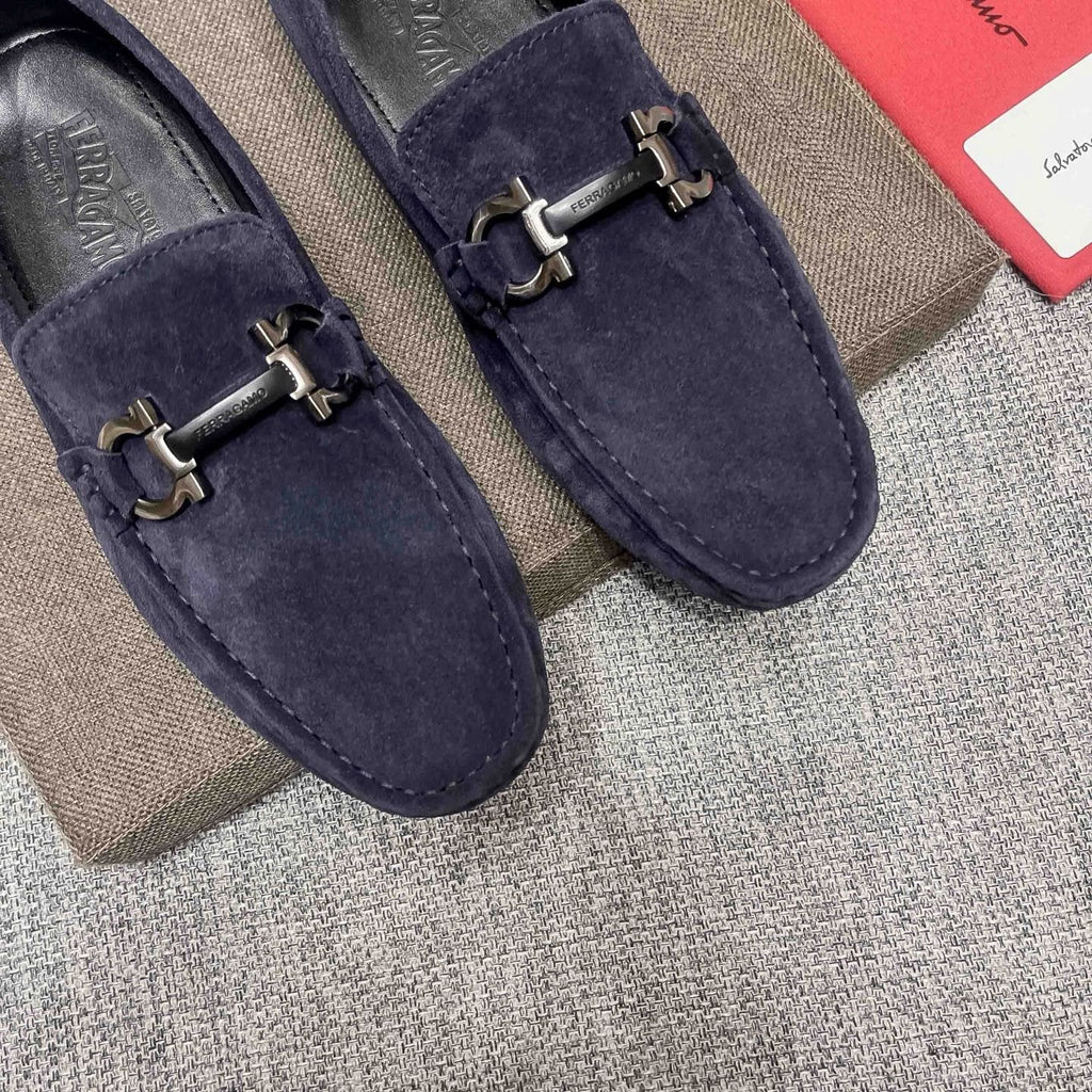 Ferragamo Navy Blue Bit Loafers — front
