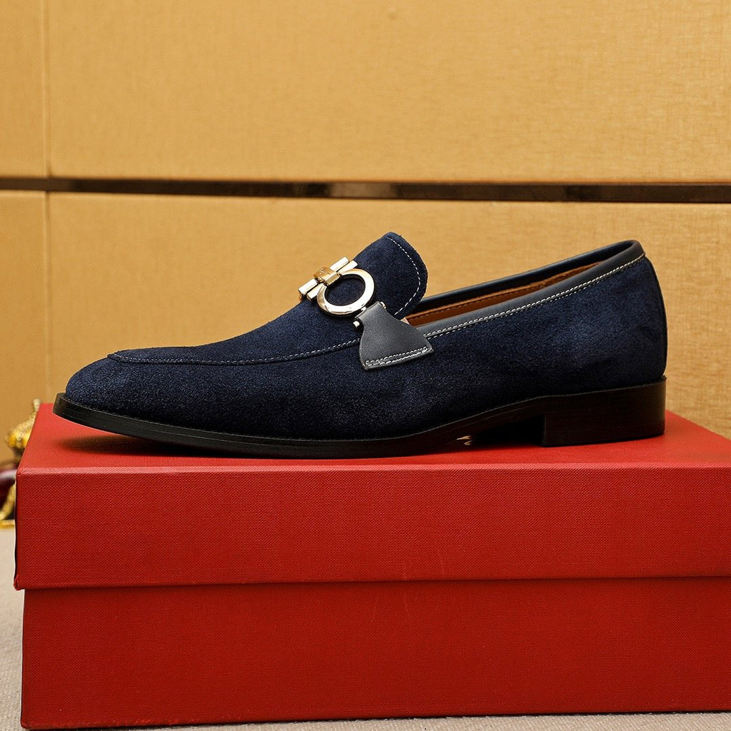 Ferragamo Navy Blue Hardware Loafers — side