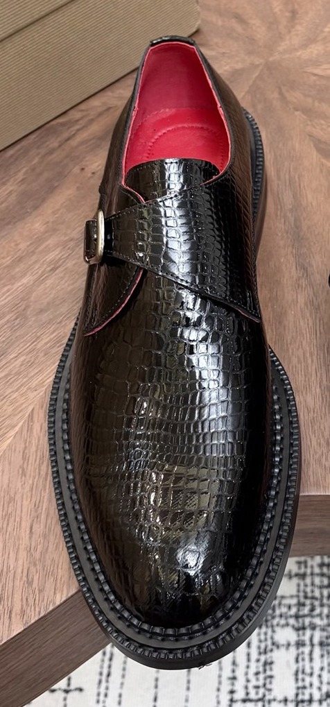 Black Textured Buckle Slip-On Dress Shoes — front