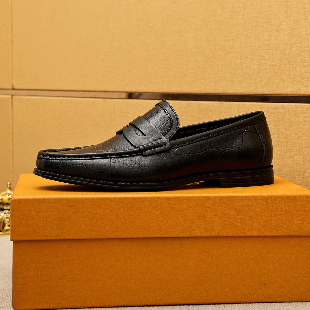 Louis Vuitton Black Textured Slip-On Loafers — side