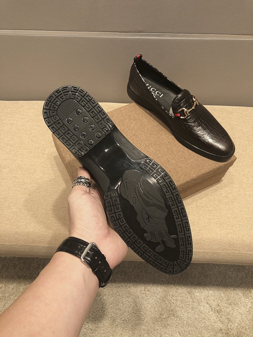 Gucci Black Embossed Horsebit Loafers — back