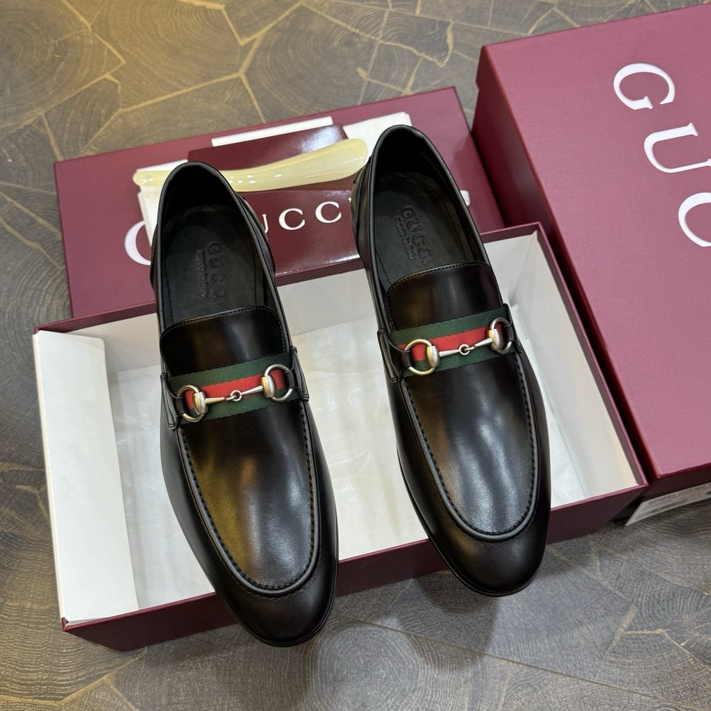 Gucci Black Web Horsebit Loafers — front