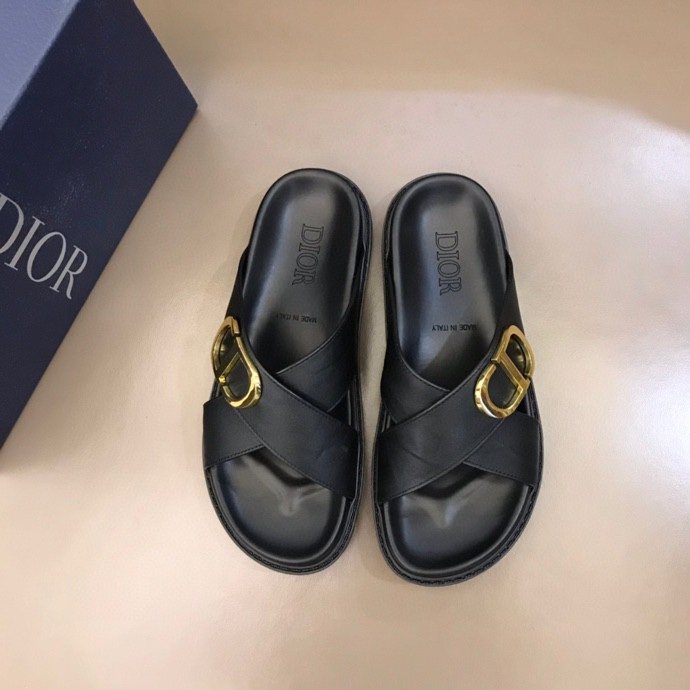 Dior Black Gold-Hardware Slide Sandals — hero